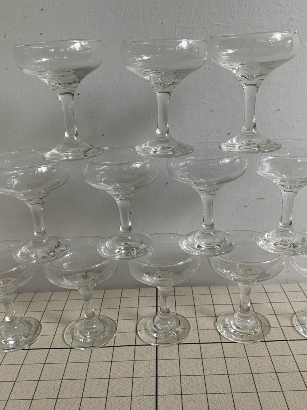 Vintage Clear Hand Blown Solid Stem Champagne Coupe Glasses, set of 12; MCM